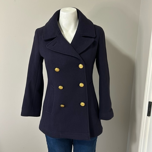 J Crew Stadium Cloth by Nello Gori Wool Blend Classic Pea Coat Navy Blue Sz 0 - Picture 3 of 13